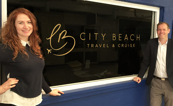 City Beach Travel & Cruise's Greer Hancock with Tim Bolton, Travellers Choice Business Development Manager, WA